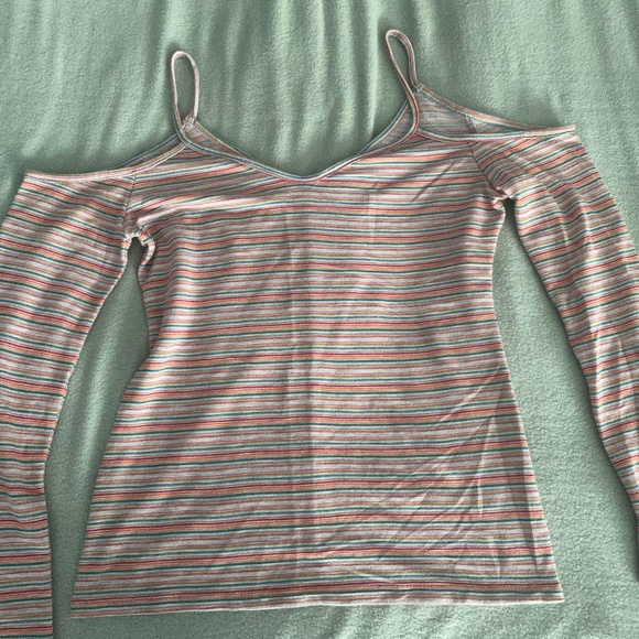 Bellino Clothing Tops - Cold shoulder rainbow stripe
